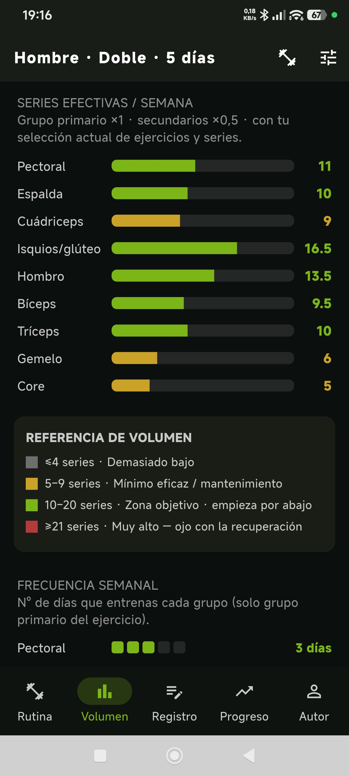 Pantalla de volumen semanal por grupo muscular