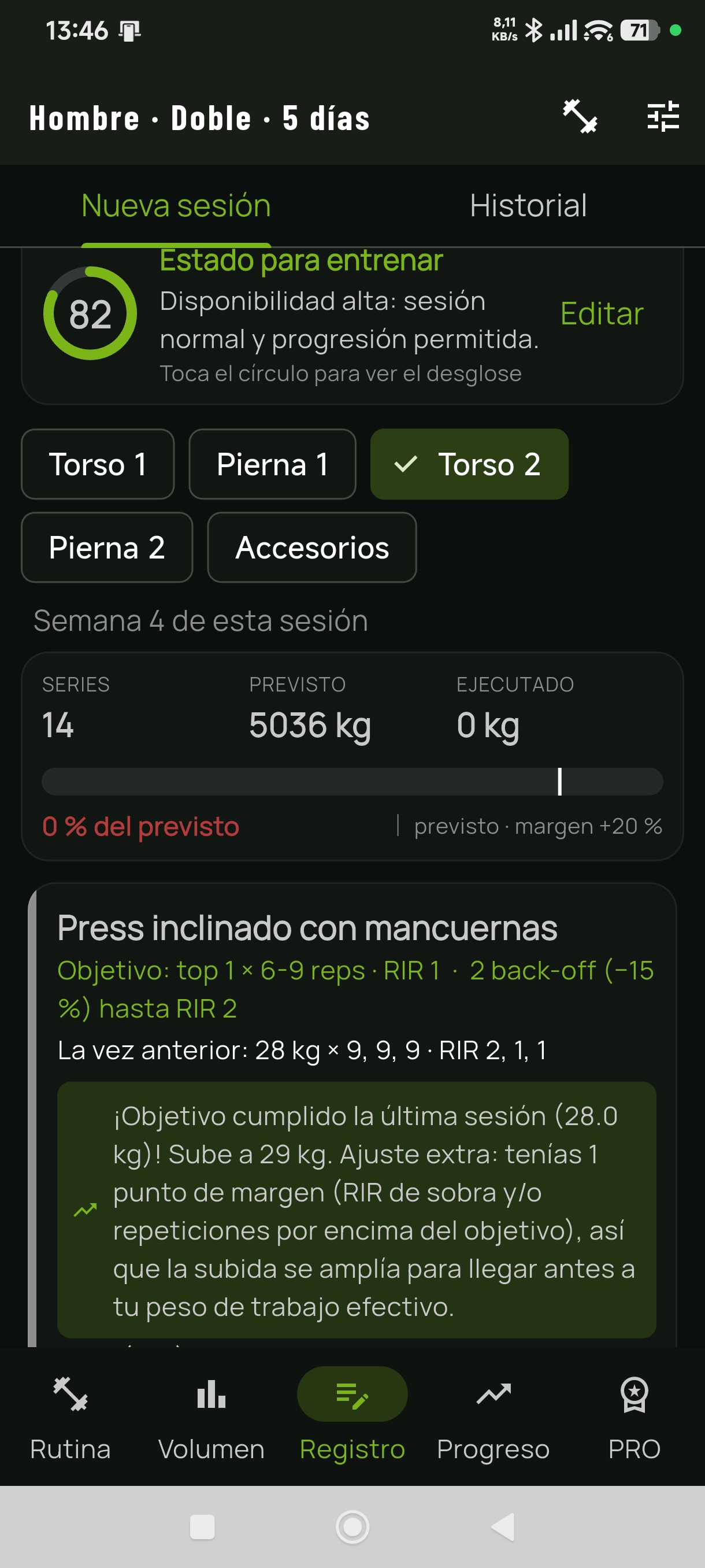 Pantalla de registro con estado para entrenar y subida de carga recomendada y explicada