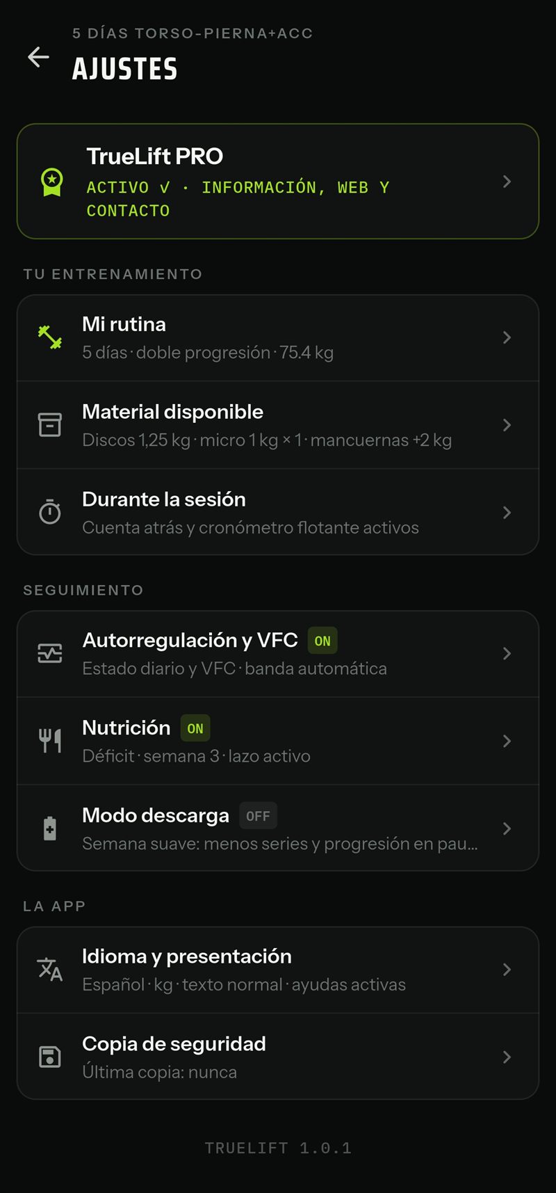 Ajustes de la app: rutina, material disponible, autorregulación y VFC, nutrición y modo descarga